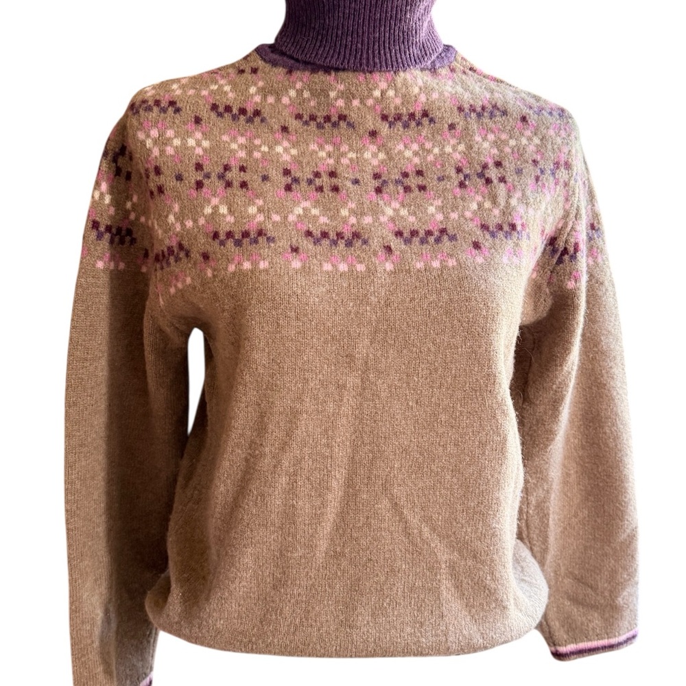 J Jillian Jones Lambswool Fair Isle Turtleneck Sweater Tan Purple Cozy Size M